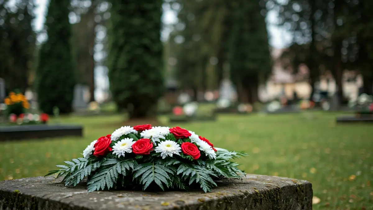 Coroa floral sobre unha tumba de pedra nun cemiterio antigo, con árbores e herba verde.