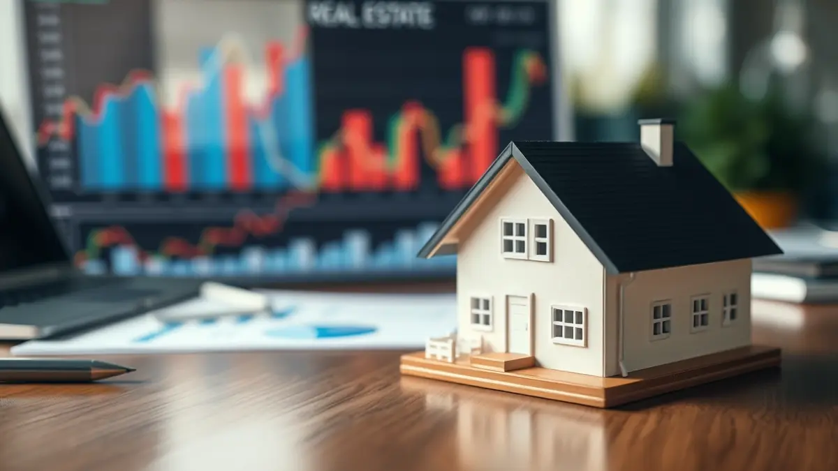 Imagen genérica de gráficos financieros y una casa en miniatura, simbolizando el mercado inmobiliario.