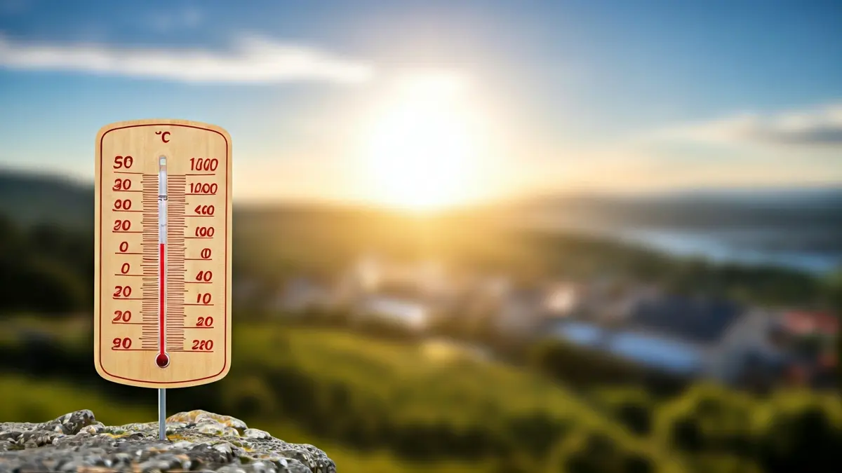 Imagen genérica de un termómetro marcando altas temperaturas, con nubes en el horizonte.
