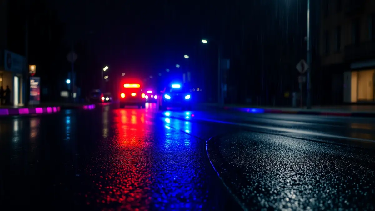 Imaxe xenérica de luces de emerxencia reflectíndose sobre asfalto mollado pola chuvia.