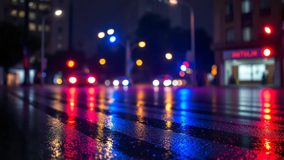 Imaxe xenérica de luces de emerxencia reflectíndose sobre asfalto mollado pola choiva.