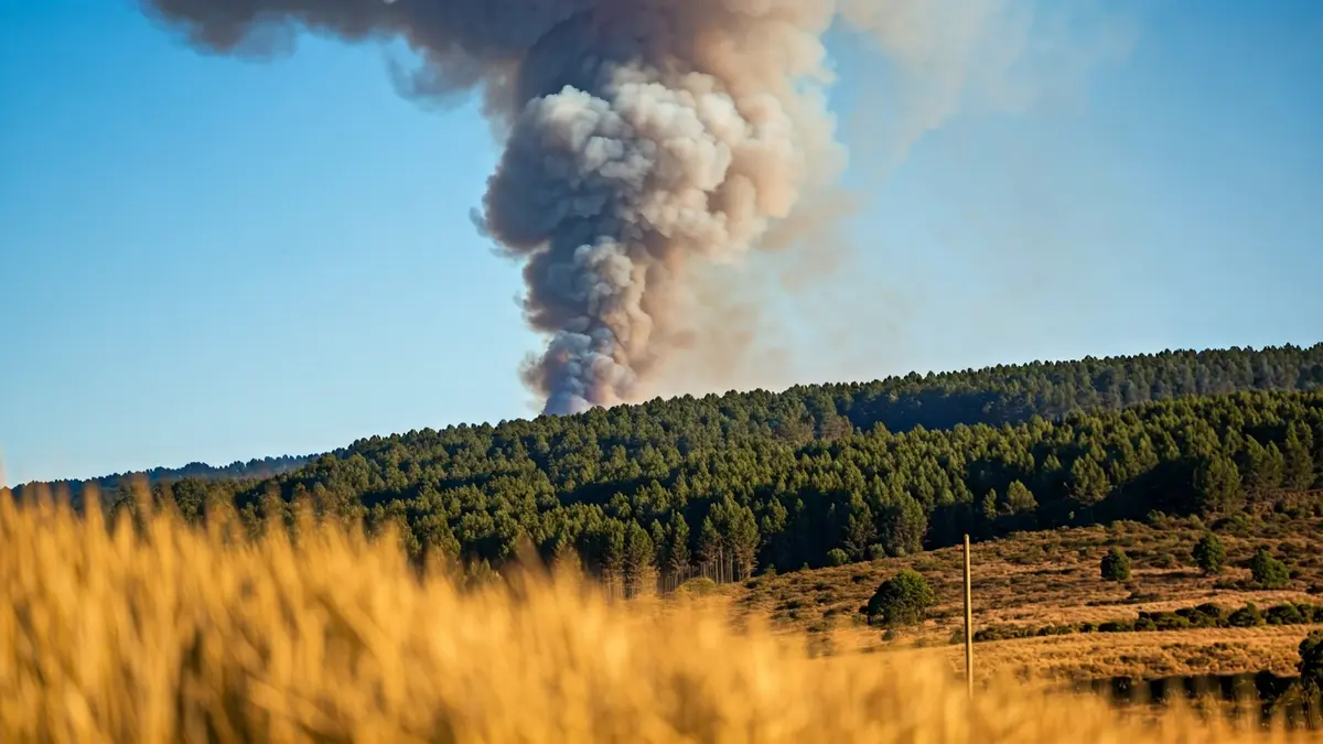 Imagen genérica de una columna de humo sobre un bosque, representando un incendio forestal.