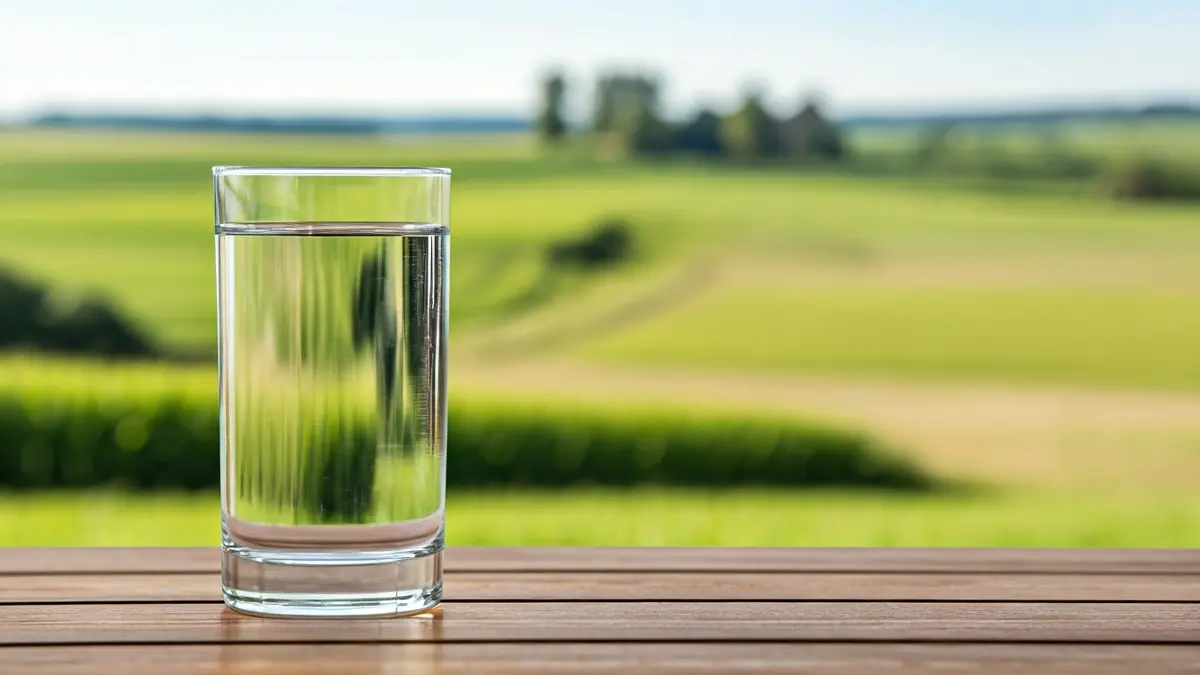 Imagen genérica de un vaso de agua sobre una mesa de madera, con campos verdes al fondo.