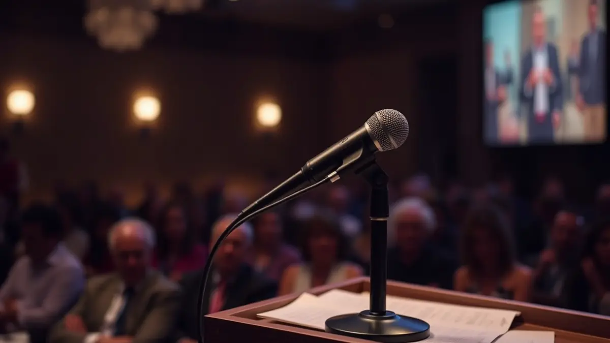 Imaxe xenérica dun micrófono nun podio, suxerindo un evento cultural ou unha mesa redonda.