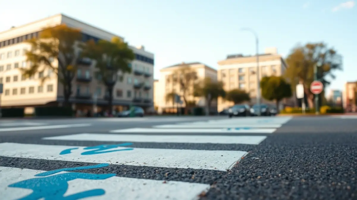 Pasos de peatones inclusivos con pictogramas azules para personas con autismo en la ciudad de Ourense.