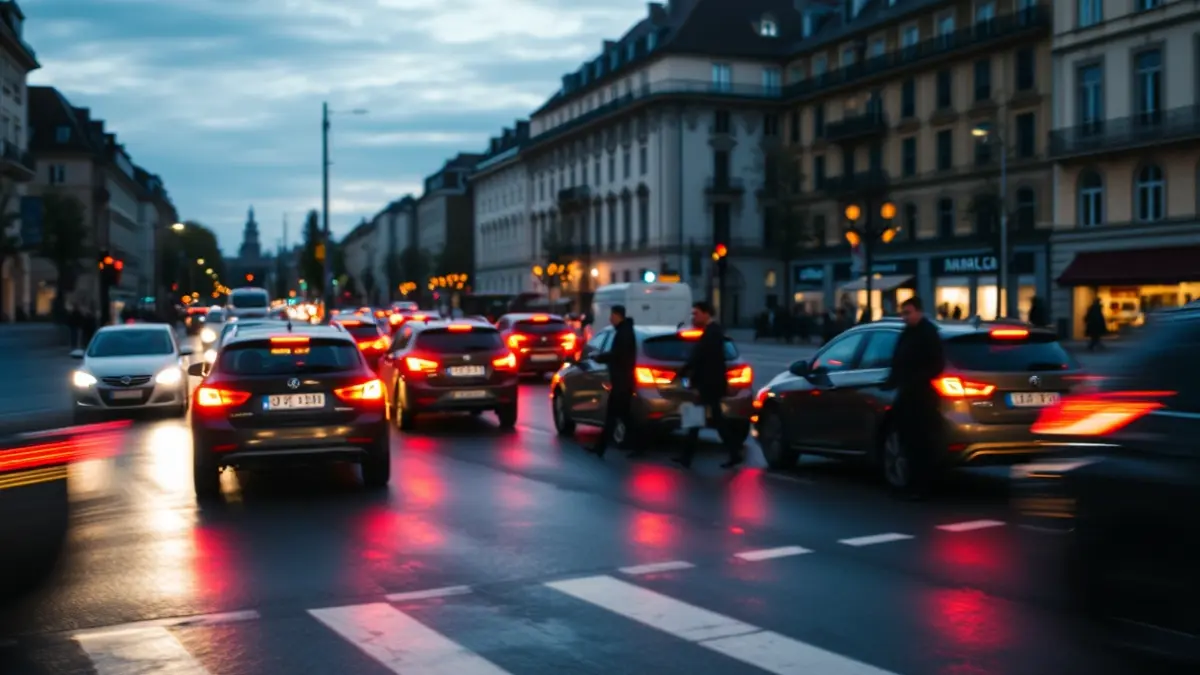 Cruce urbano con luces de coches e siluetas de peóns ao anoitecer.