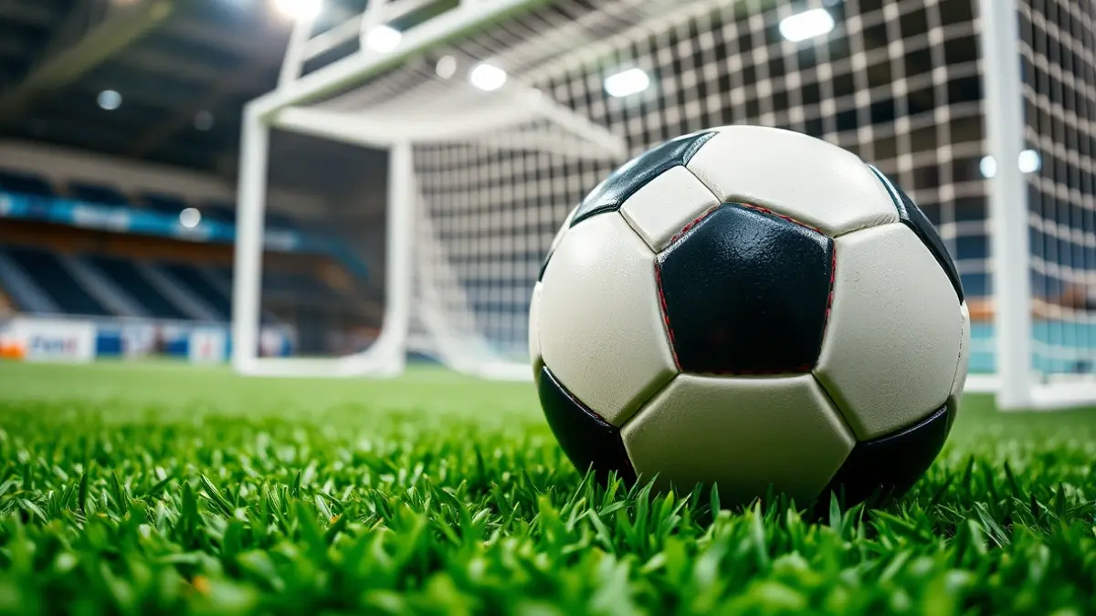 Imaxe xenérica dun balón de fútbol sala sobre o céspede artificial.