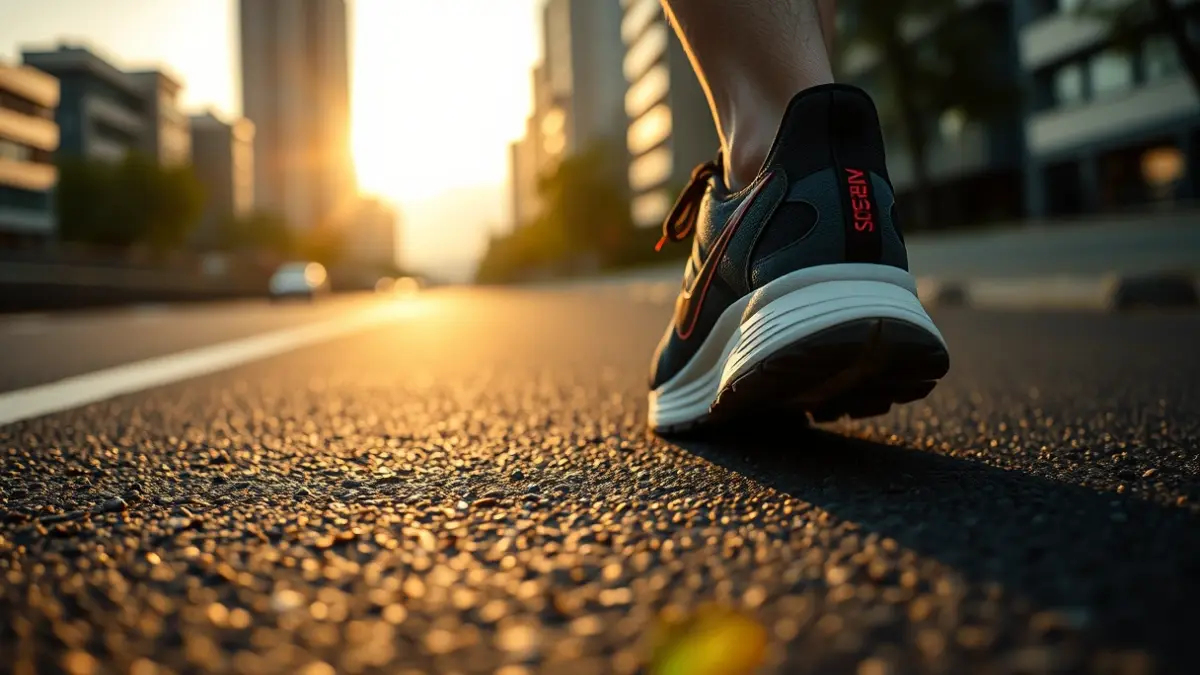 Imagen genérica de una zapatilla de correr en una pista de asfalto, con la ciudad de fondo.