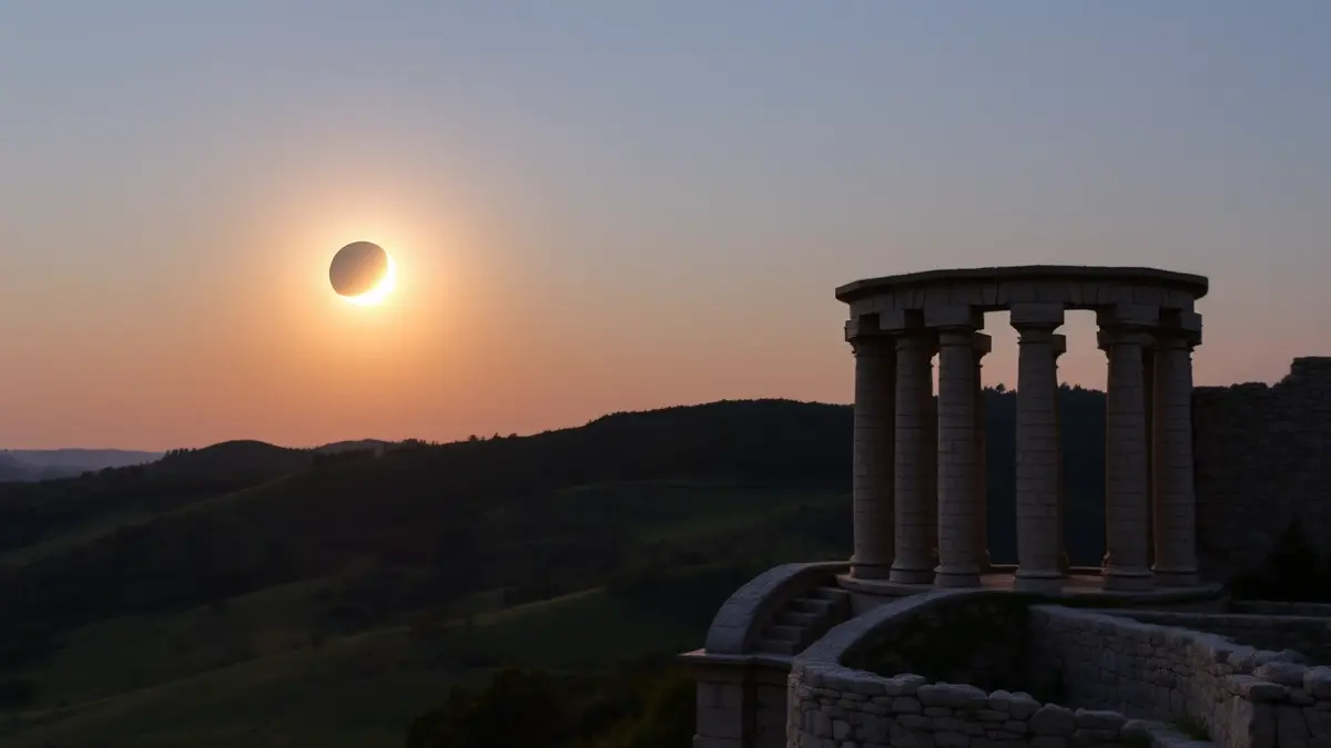 Imagen de un eclipse solar parcial sobre un paisaje gallego al atardecer.
