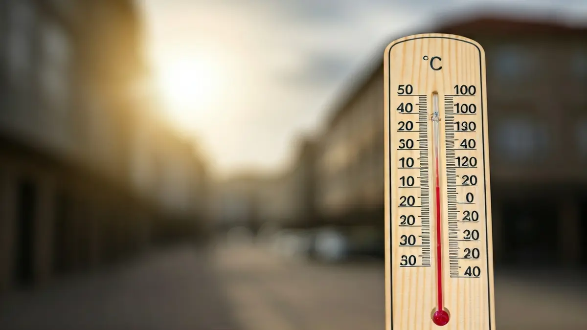 Imaxe dun termómetro marcando altas temperaturas, con fondo urbano galego