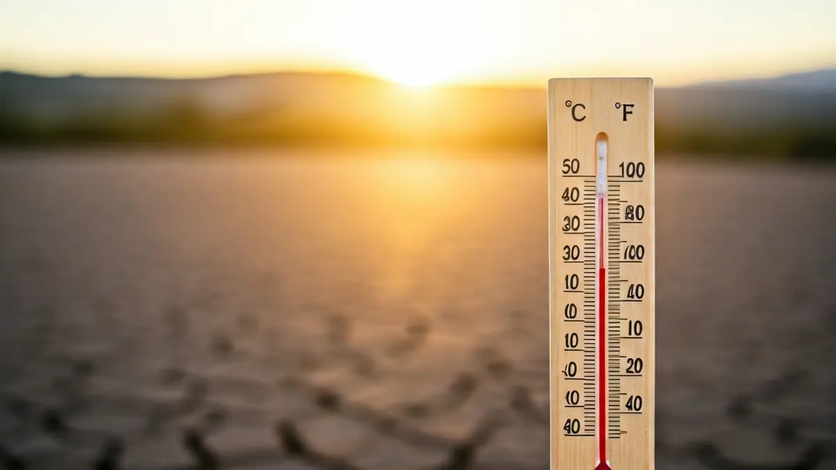 Imaxe xenérica dun termómetro marcando unha temperatura alta, con paisaxe galega de fondo.