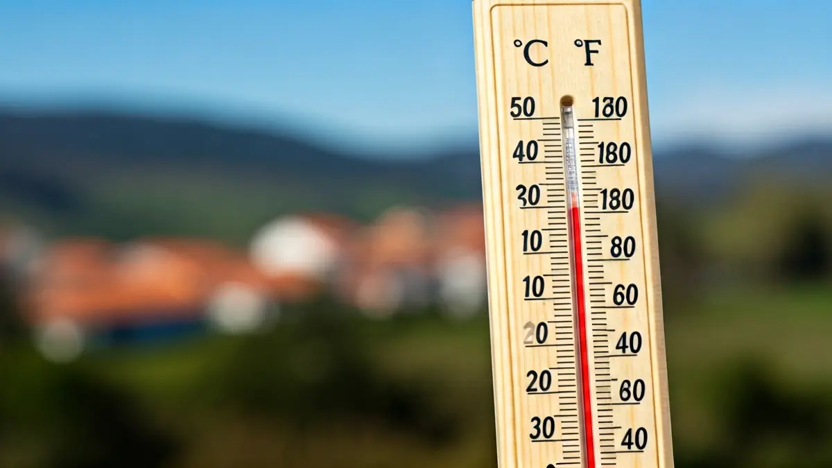 Imaxe xenérica dun termómetro marcando unha temperatura alta, con ceo despexado de fondo.