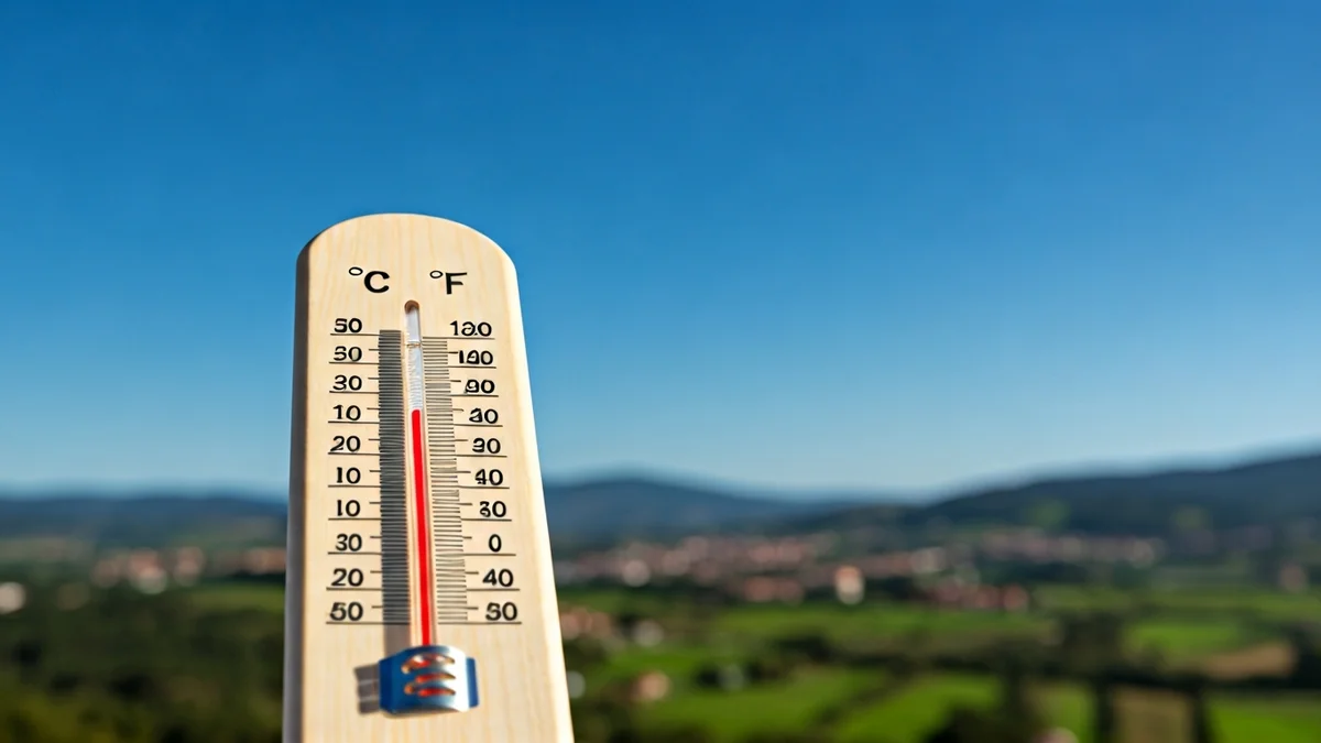 Imaxe xenérica dun termómetro e ceo despexado sobre paisaxe galega.