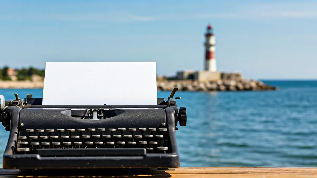 Imaxe xenérica dunha máquina de escribir antiga con paisaxe costeira de fondo, simbolizando a creación poética.