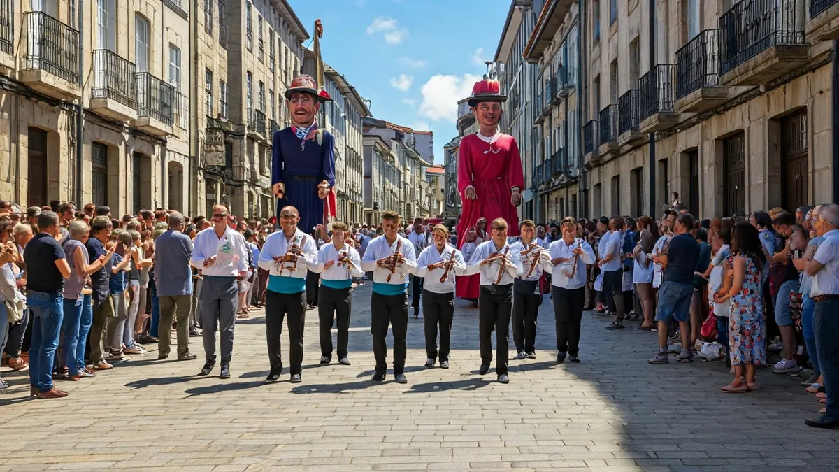 Imaxe das Festas de Pascua en Padrón con grupos folclóricos e xigantes e cabezudos.