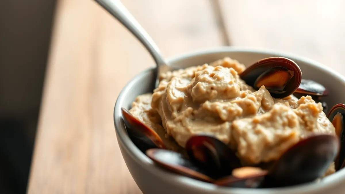 Imaxe dun paté de mexillóns para bebés, preparado segundo o método BLW.