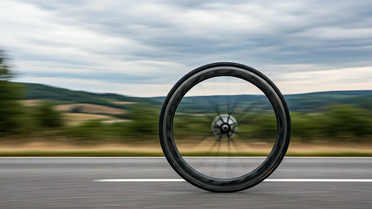 Imagen genérica de una rueda de bicicleta de carretera en movimiento en un paisaje montañoso.