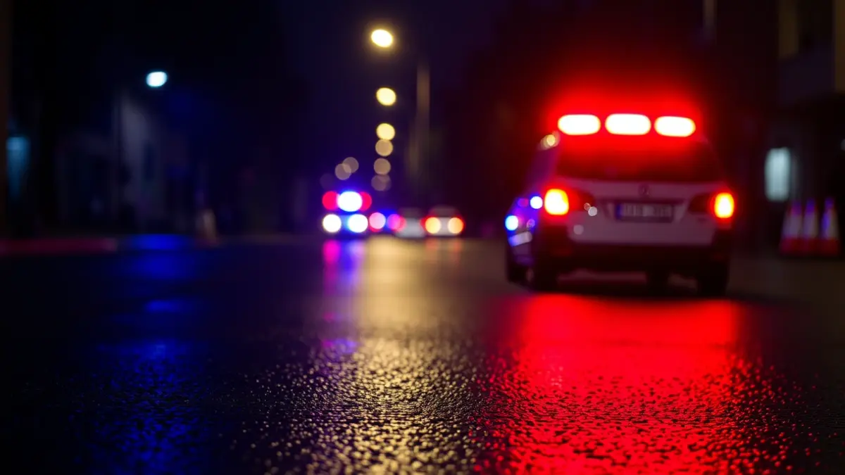 Imaxe xenérica de luces de emerxencia reflectíndose sobre asfalto mollado pola noite.