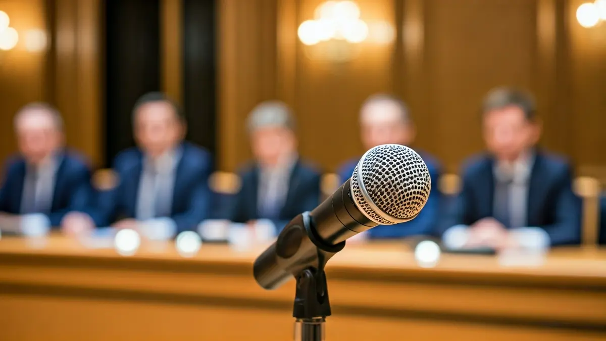 Imaxe xenérica dun micrófono nun atril durante un evento.