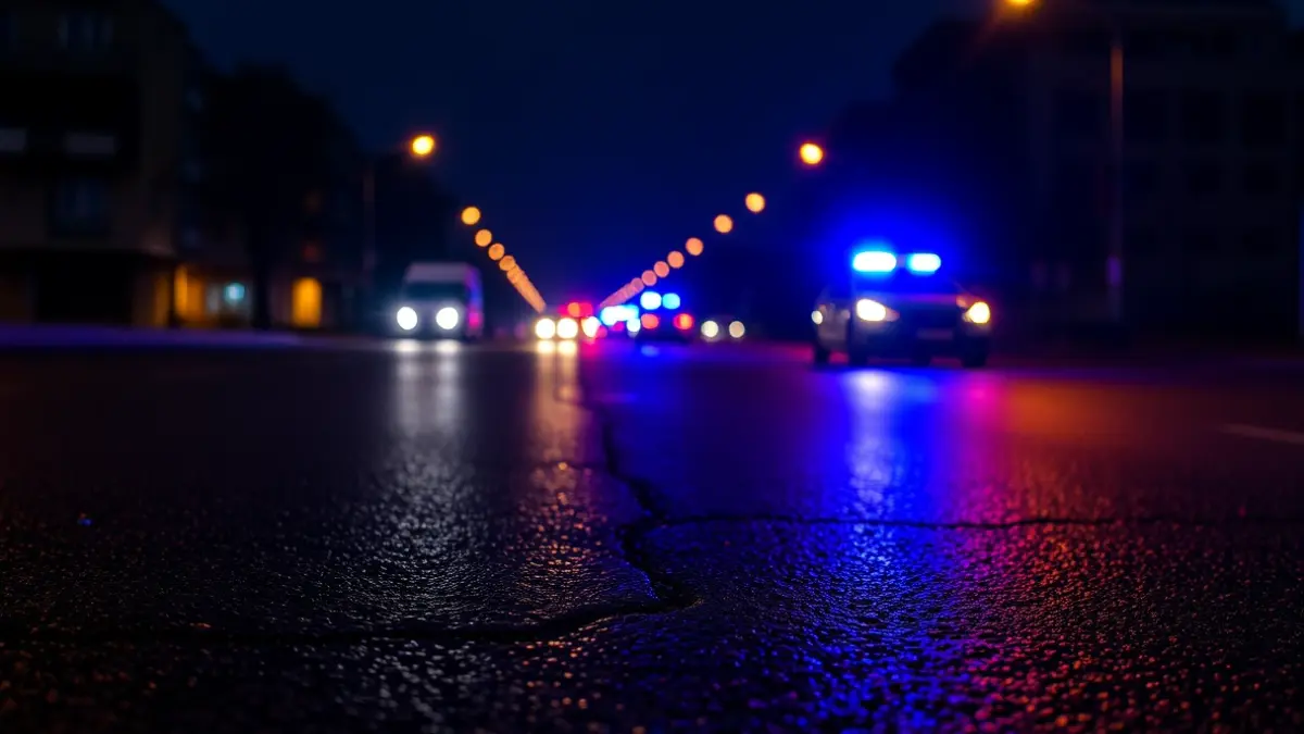 Imaxe xenérica de luces de emerxencia reflectíndose sobre asfalto mollado.