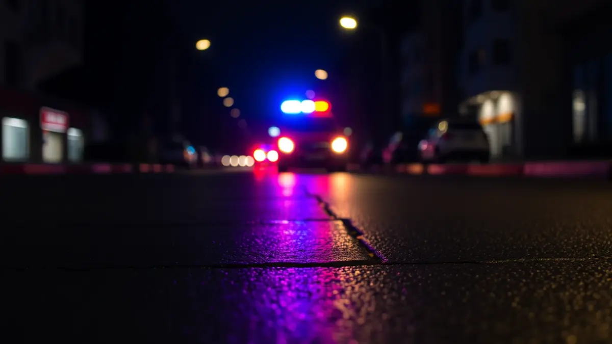 Imaxe xenérica de luces de emerxencia reflectidas no asfalto mollado pola noite.