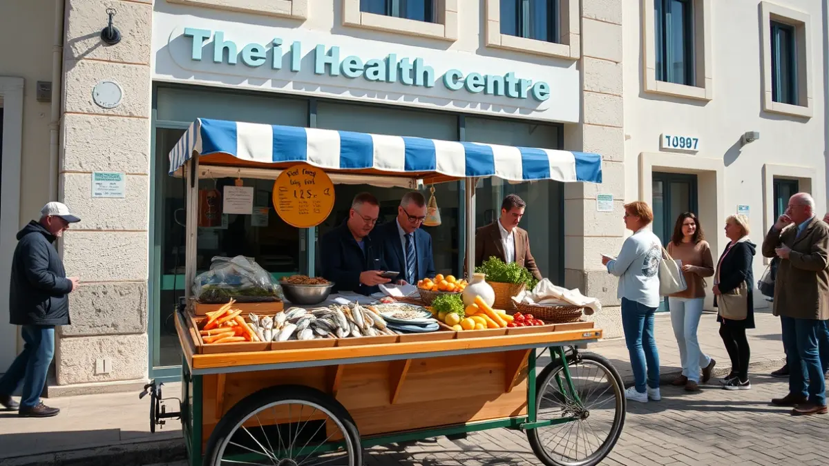Imagen de una food bike con productos del mar frente a un centro de salud.