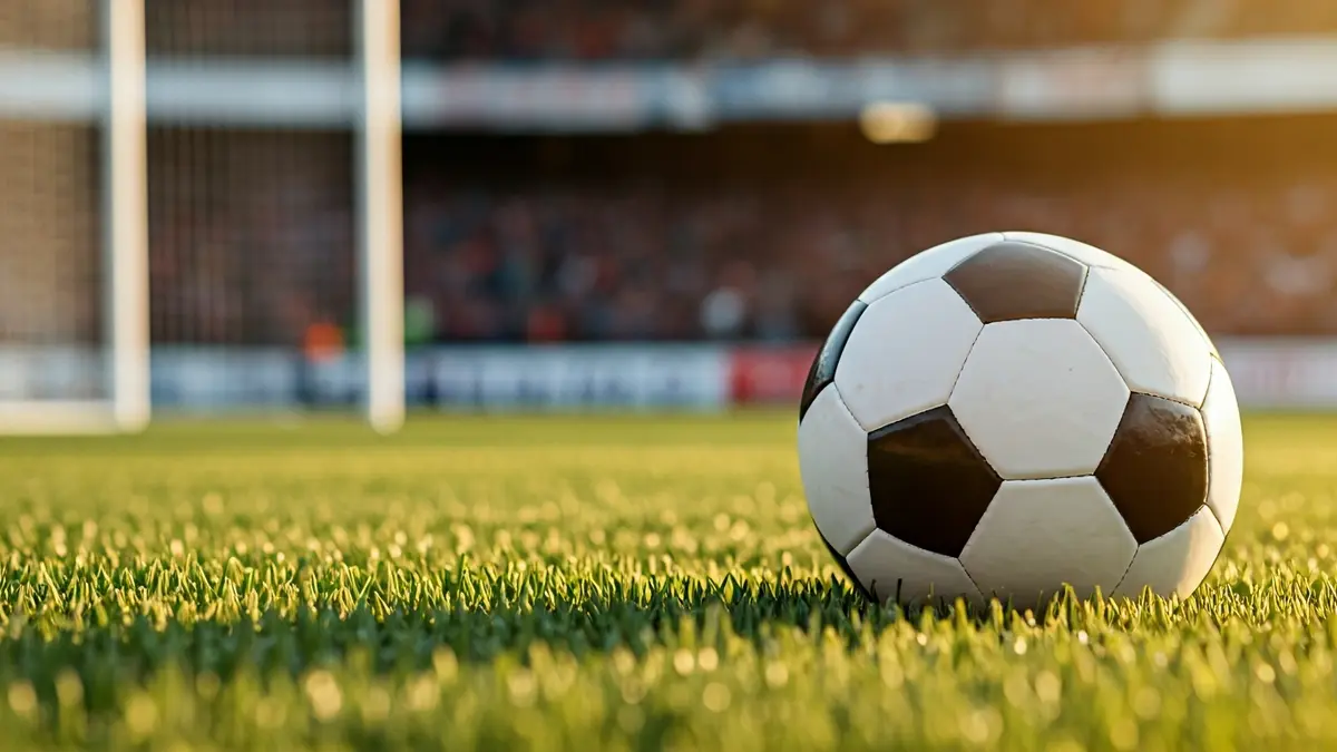 Imaxe xenérica dun balón de fútbol sobre herba, cunha portería difuminada ao fondo.