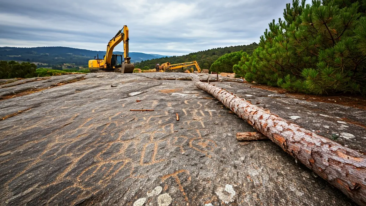 Imagen de petroglifos amenazados por troncos de pinos y maquinaria pesada.