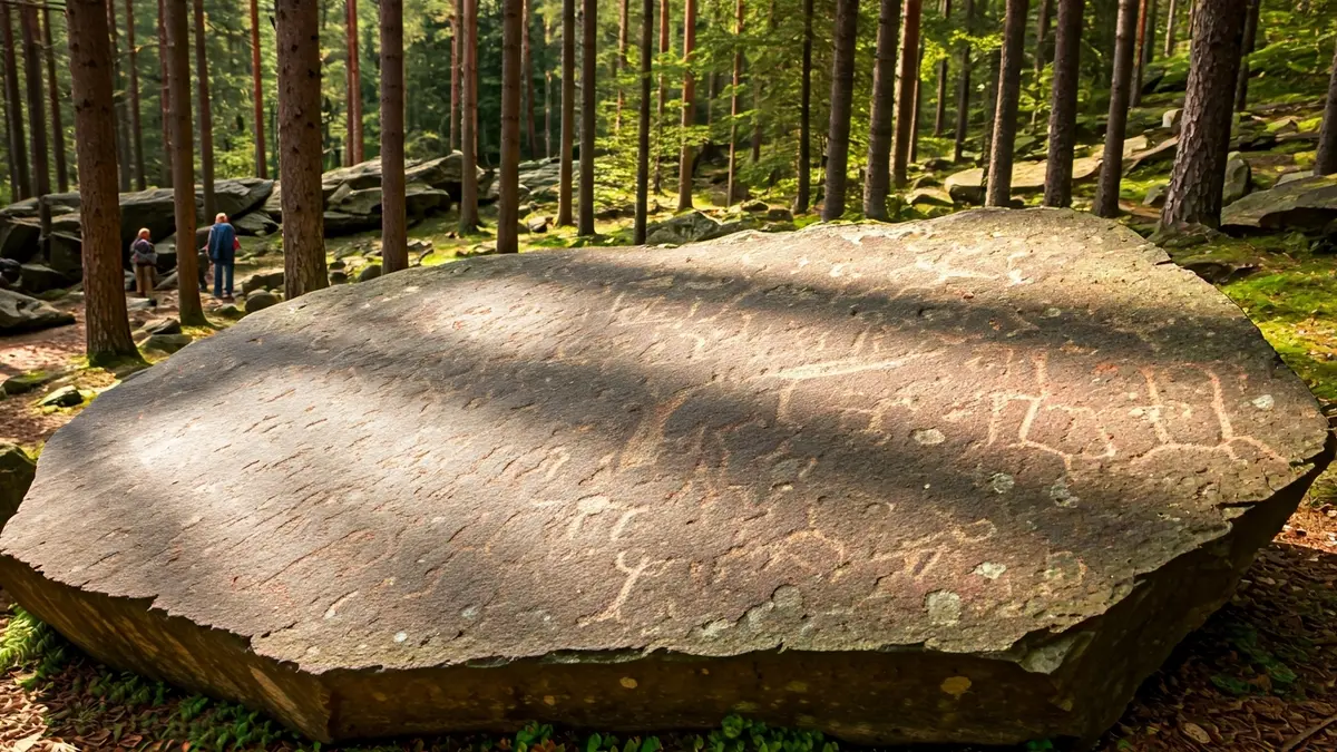 Imagen de petroglifos en una roca, con troncos de pinos talados alrededor.