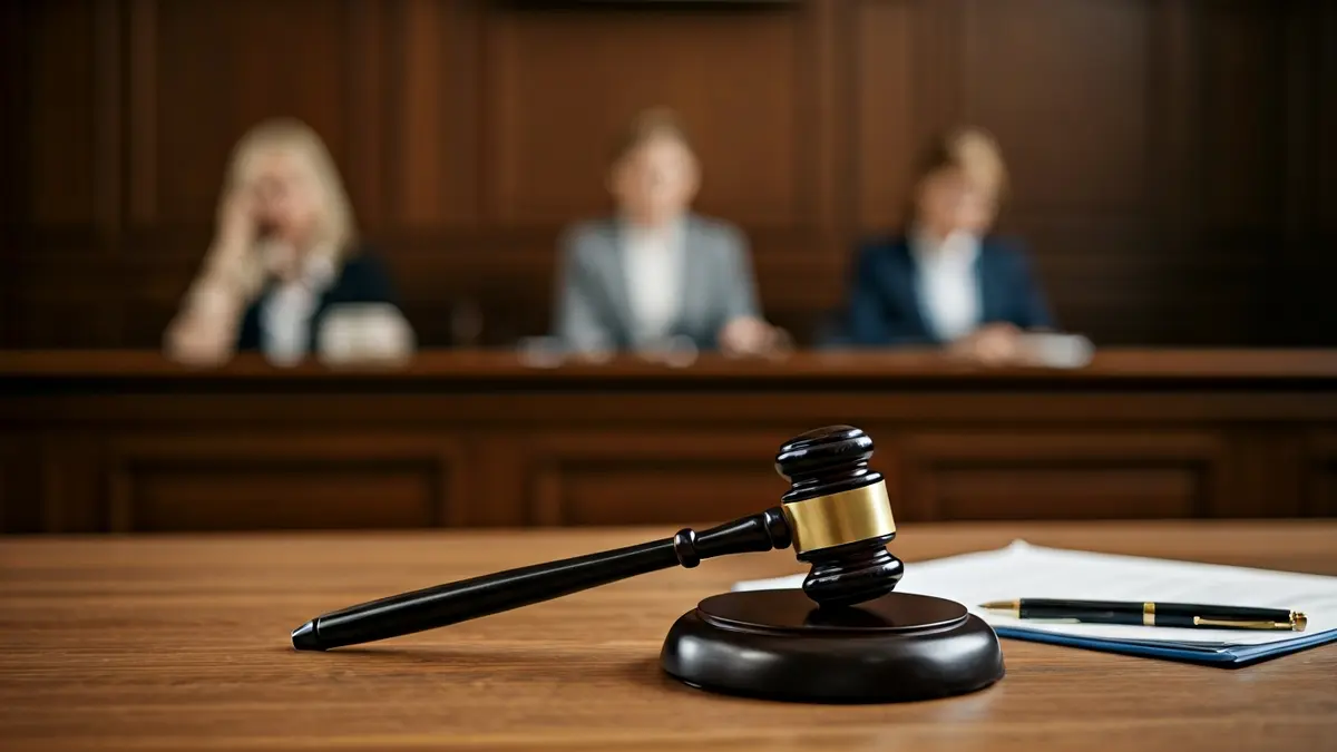 Imaxe xenérica dun mazo de xuíz sobre documentos legais nunha mesa de madeira.