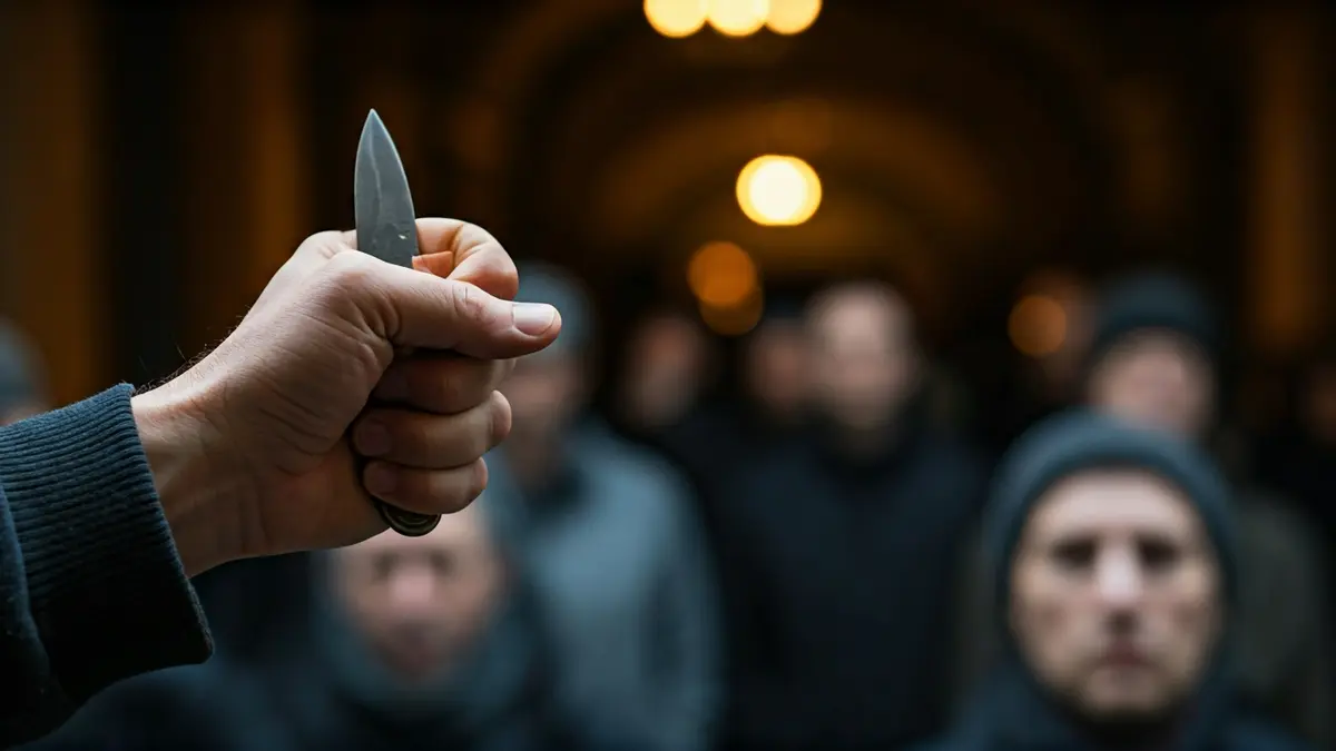 Imagen de una mano sosteniendo una navaja, con fondo borroso de una habitación oscura.