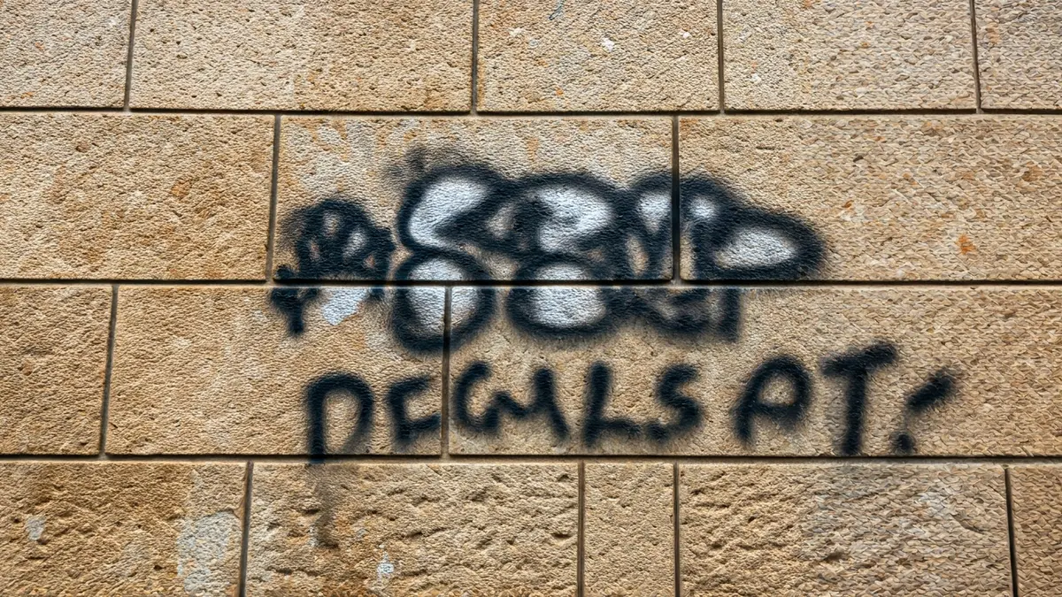 Imagen de una fachada de piedra con pintadas vandálicas.