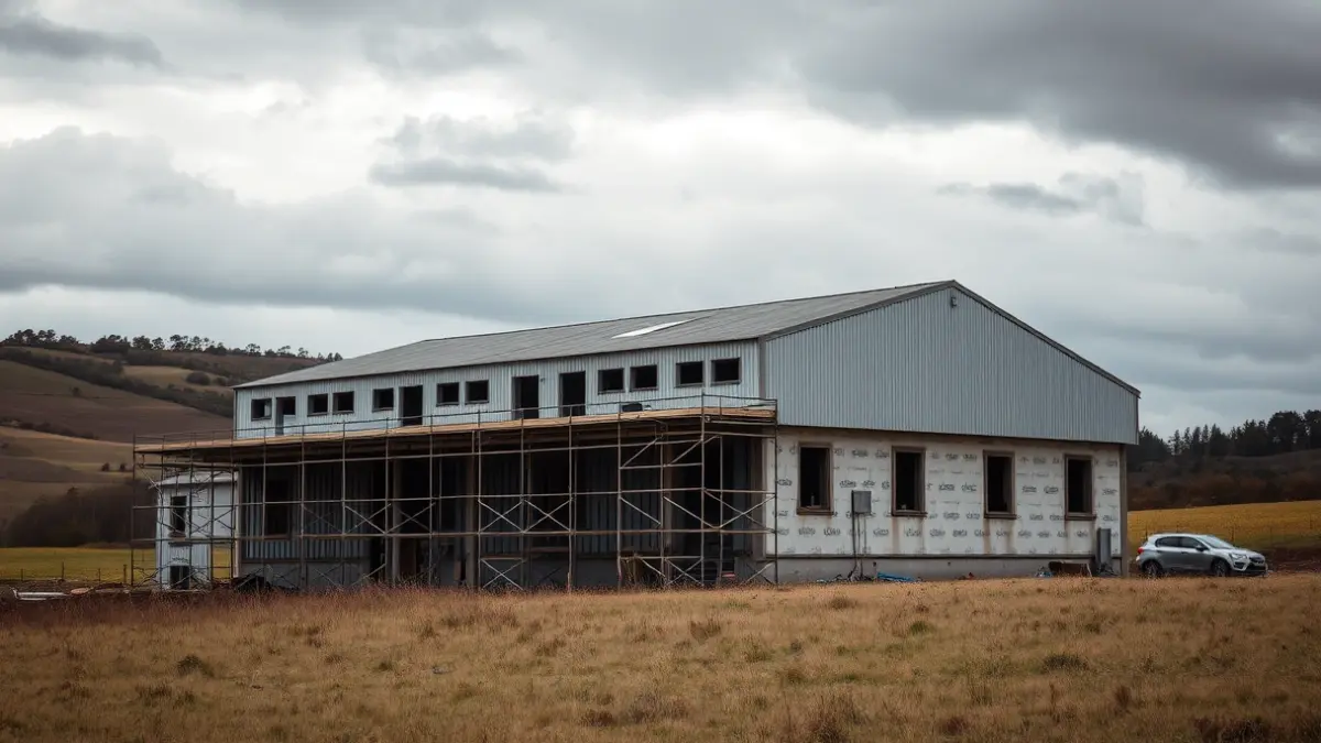 Imagen de una construcción industrial en un paisaje rural gallego.