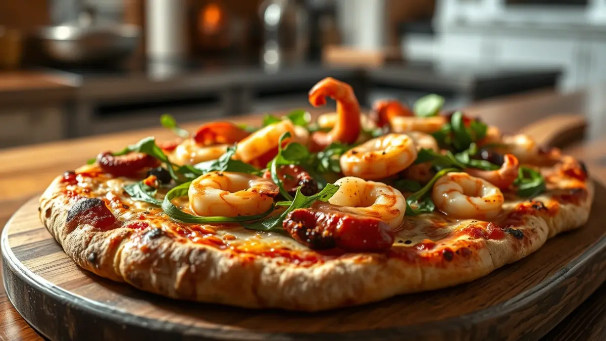 Pizza gourmet con pulpo, grelos y gambas, sobre una tabla de madera.