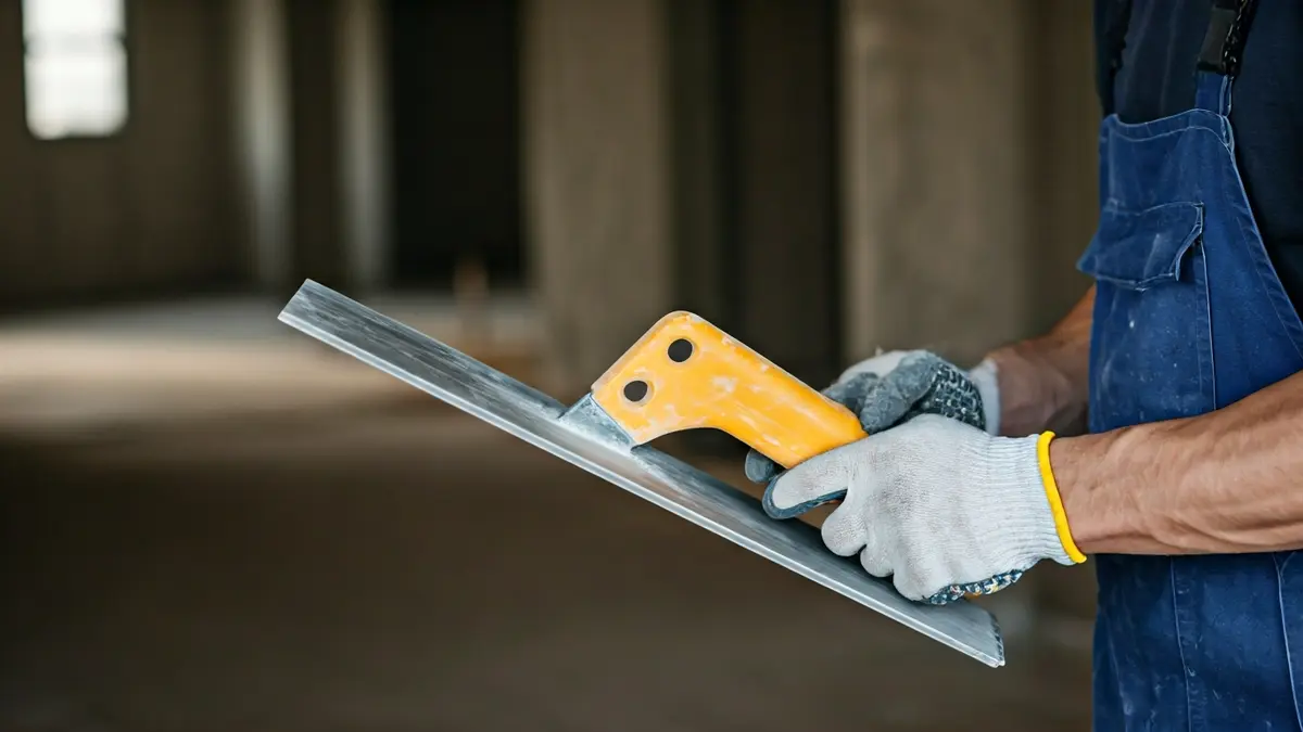 Imaxe xenérica de mans dun traballador da construción instalando paneis de xeso.