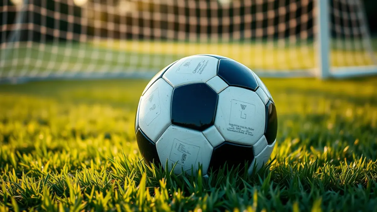 Imaxe xenérica dun balón de fútbol sobre herba, con rede de portería ao fondo.