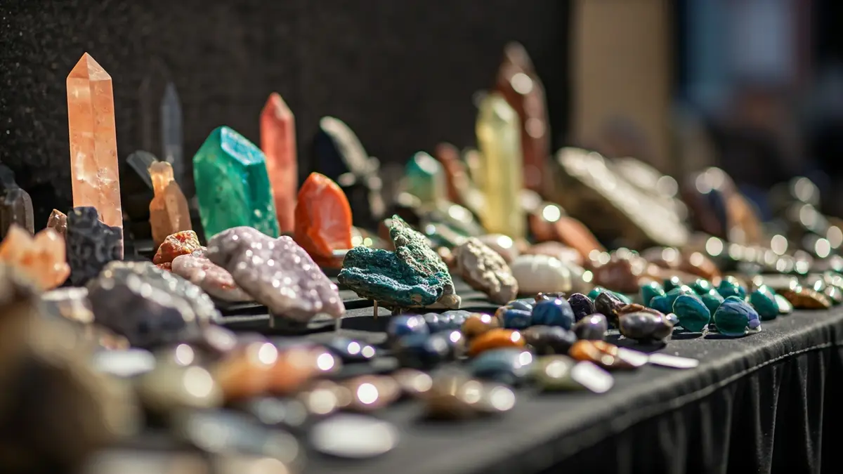 Imaxe xenérica de minerais e xeodas nunha exposición.