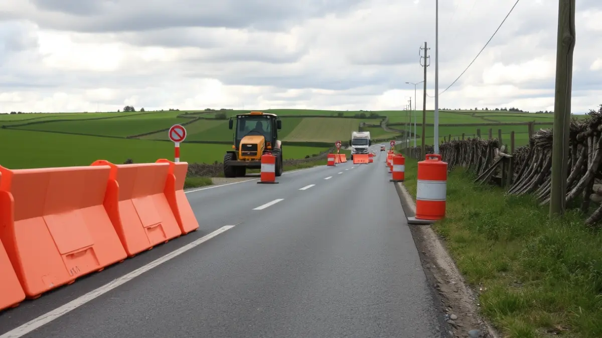 Imaxe dunha obra de ensanche de estrada con barreiras de seguridade e maquinaria.
