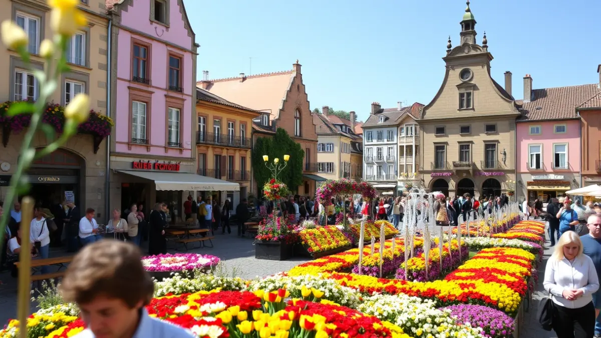 Imagen de una plaza en Galicia durante una fiesta tradicional de primavera, con muchas flores y decoraciones.