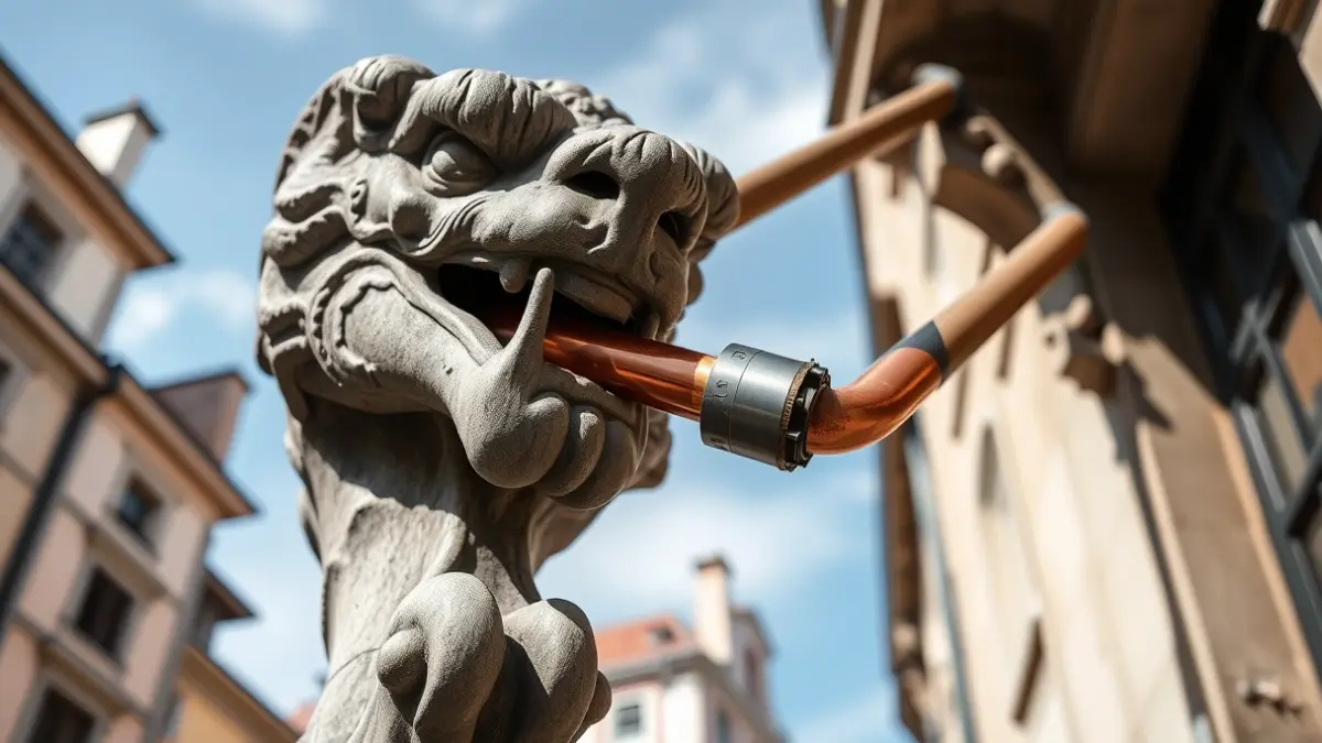 Detalle dunha gárgola cun tubo de cobre no Hostal dos Reis Católicos.