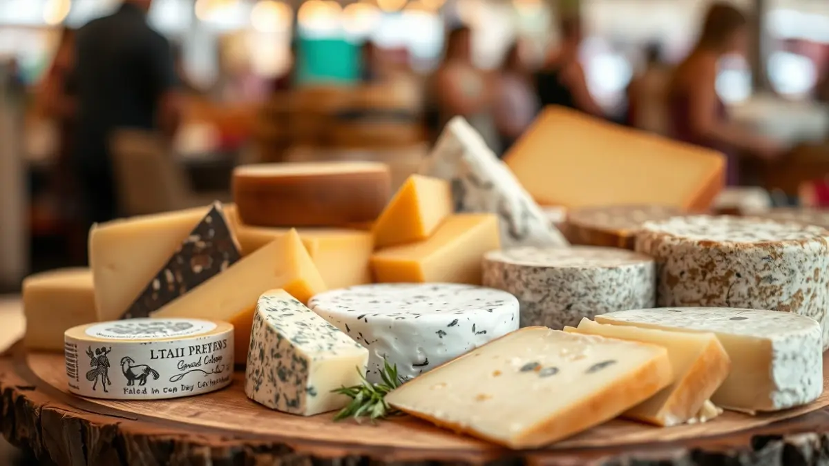 Imaxe xenérica de queixos artesanais nunha táboa de madeira.