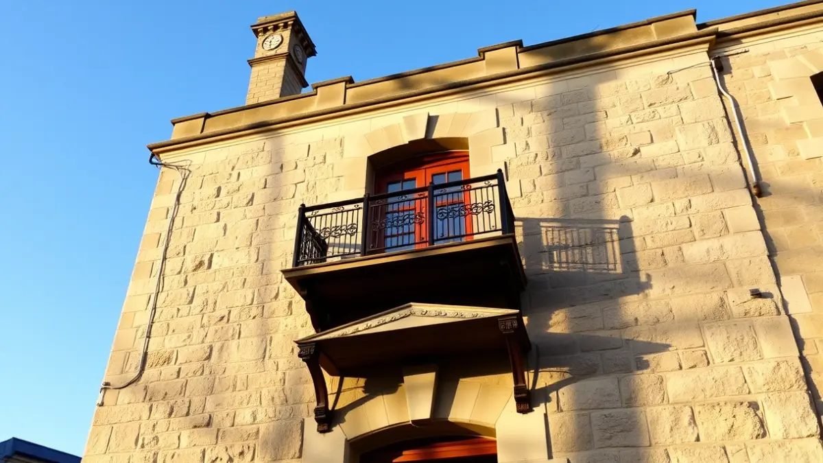 Imaxe da fachada dun concello de pedra con balcón e varandas de ferro.