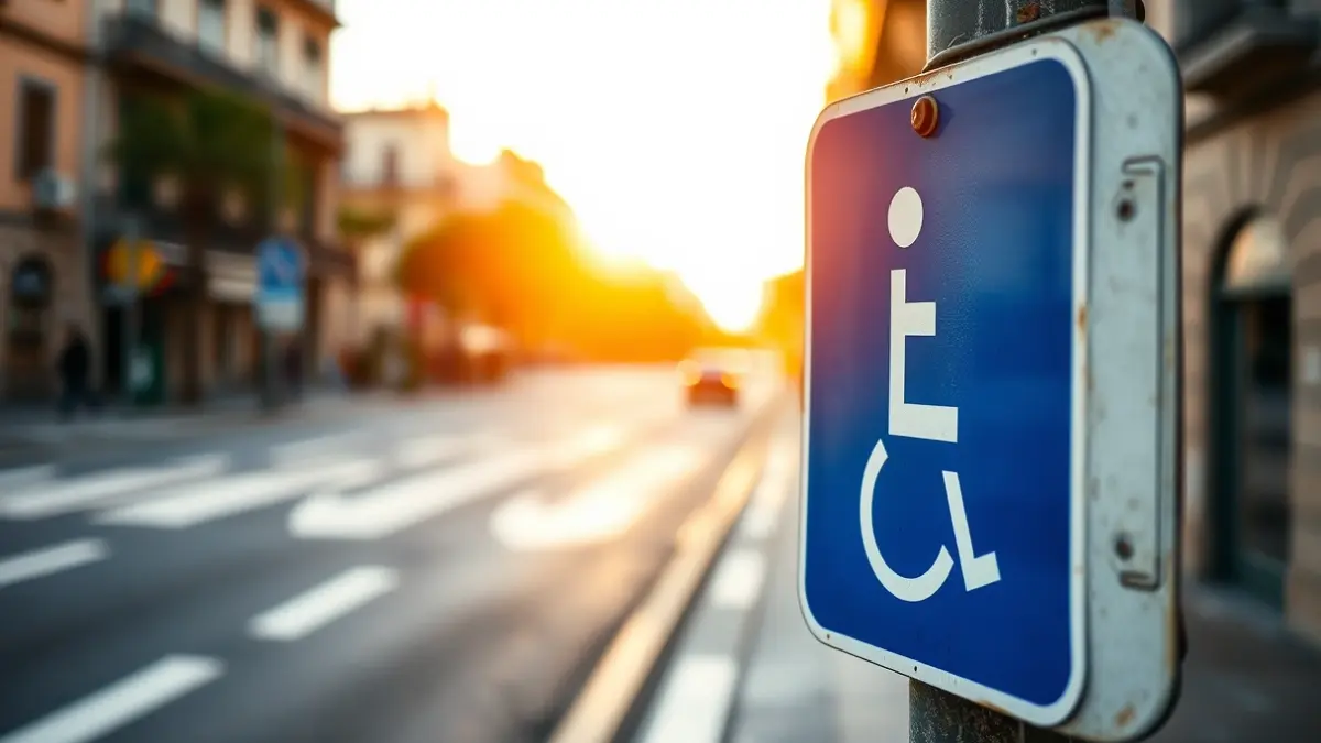 Sinal de estacionamento para persoas con mobilidade reducida nunha rúa de Pontevedra.