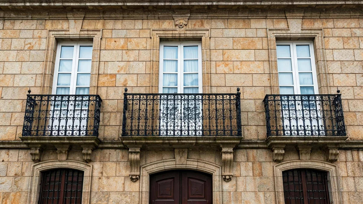 Imaxe da fachada dun concello de pedra en Galicia, con balcón de ferro forxado e luz solar da tarde.