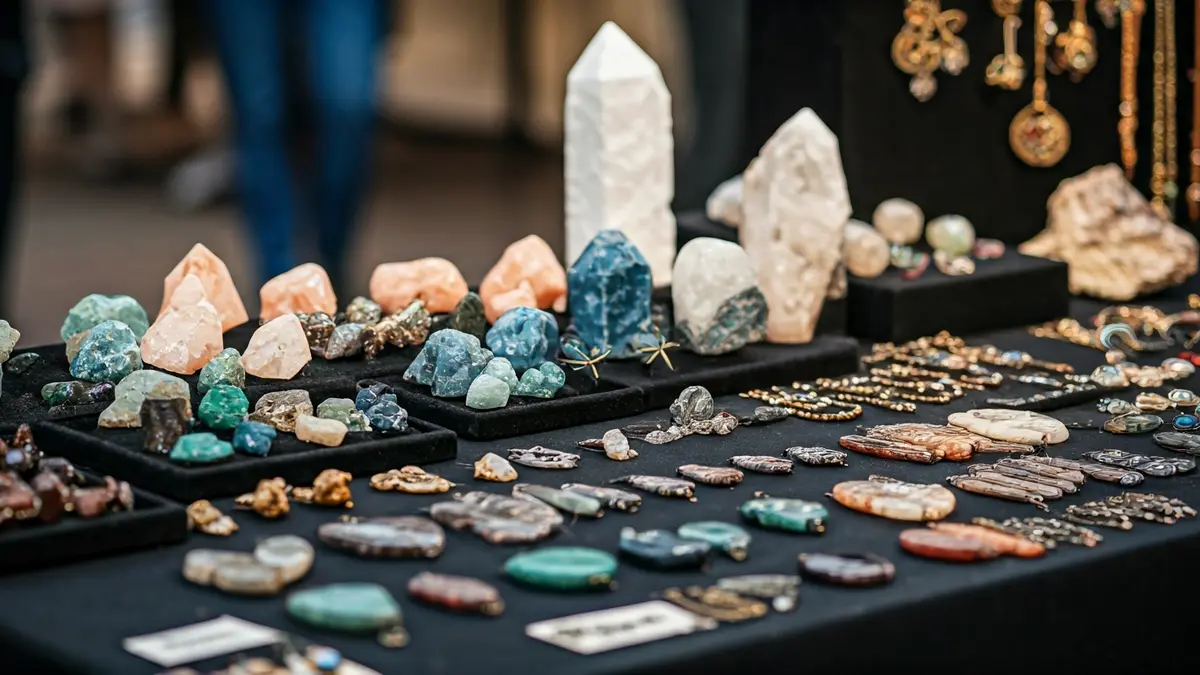 Imagen genérica de minerales y fósiles expuestos en una feria.
