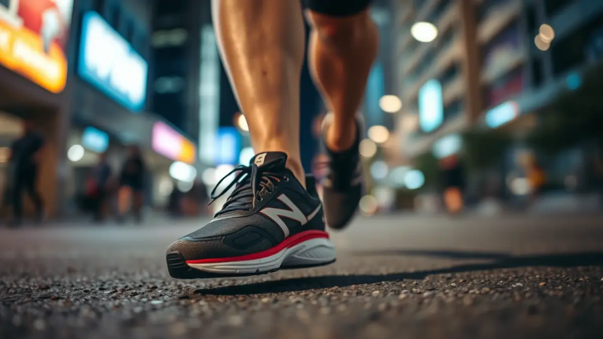 Imagen genérica de zapatillas de correr en una calle urbana por la noche.