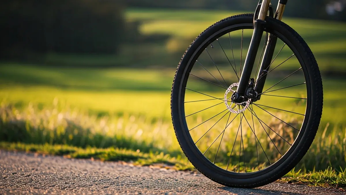 Imaxe xenérica dunha roda de bicicleta nunha estrada, con paisaxe galega de fondo.