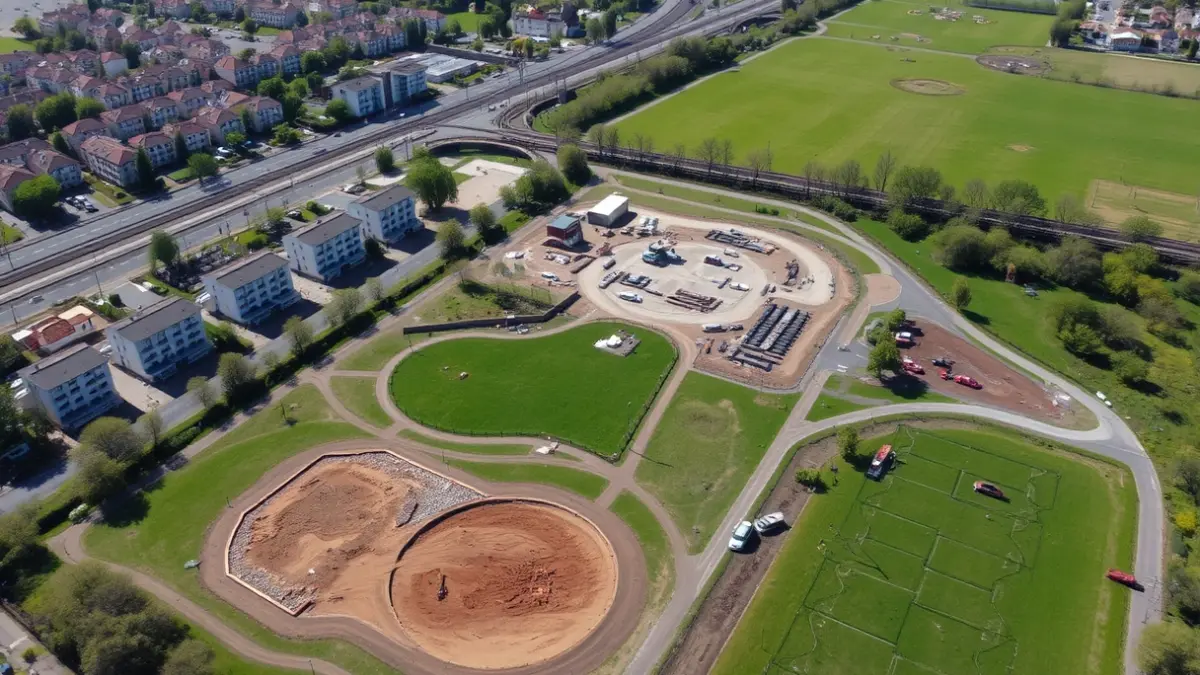 Imagen aérea de un parque urbano en construcción en Pontevedra.