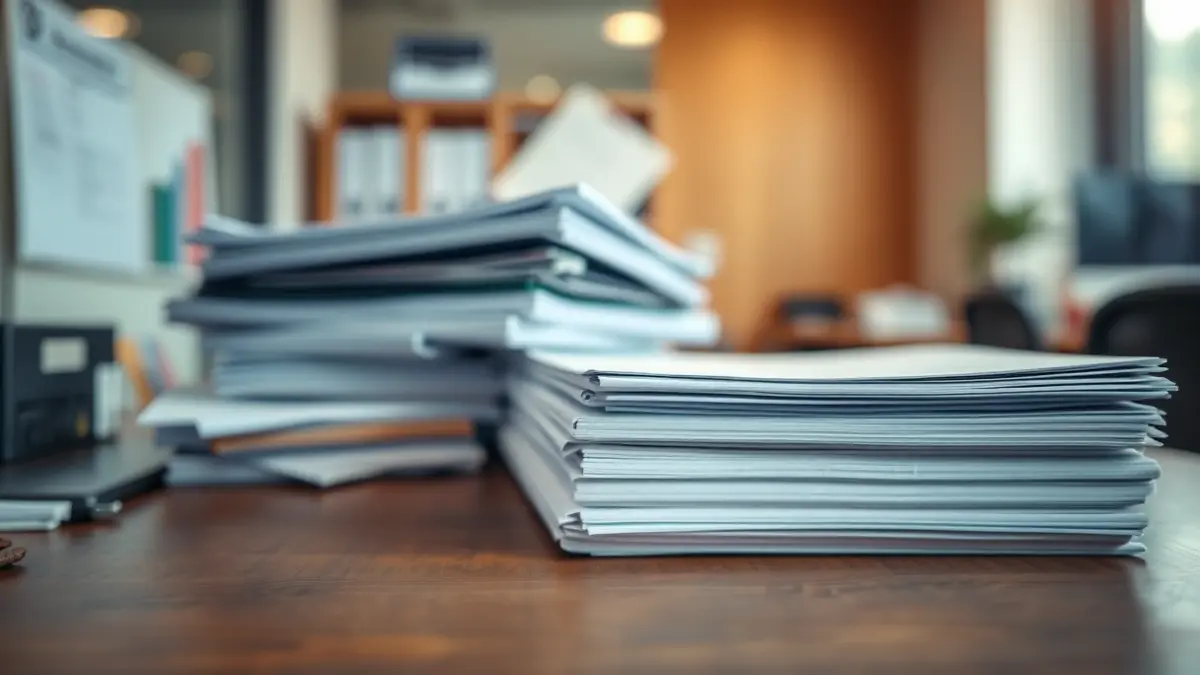 Imaxe xenérica de documentos e expedientes apilados nunha mesa de oficina.