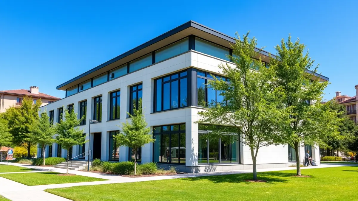 Imagen de un edificio moderno y renovado, representando las mejoras en espacios públicos.